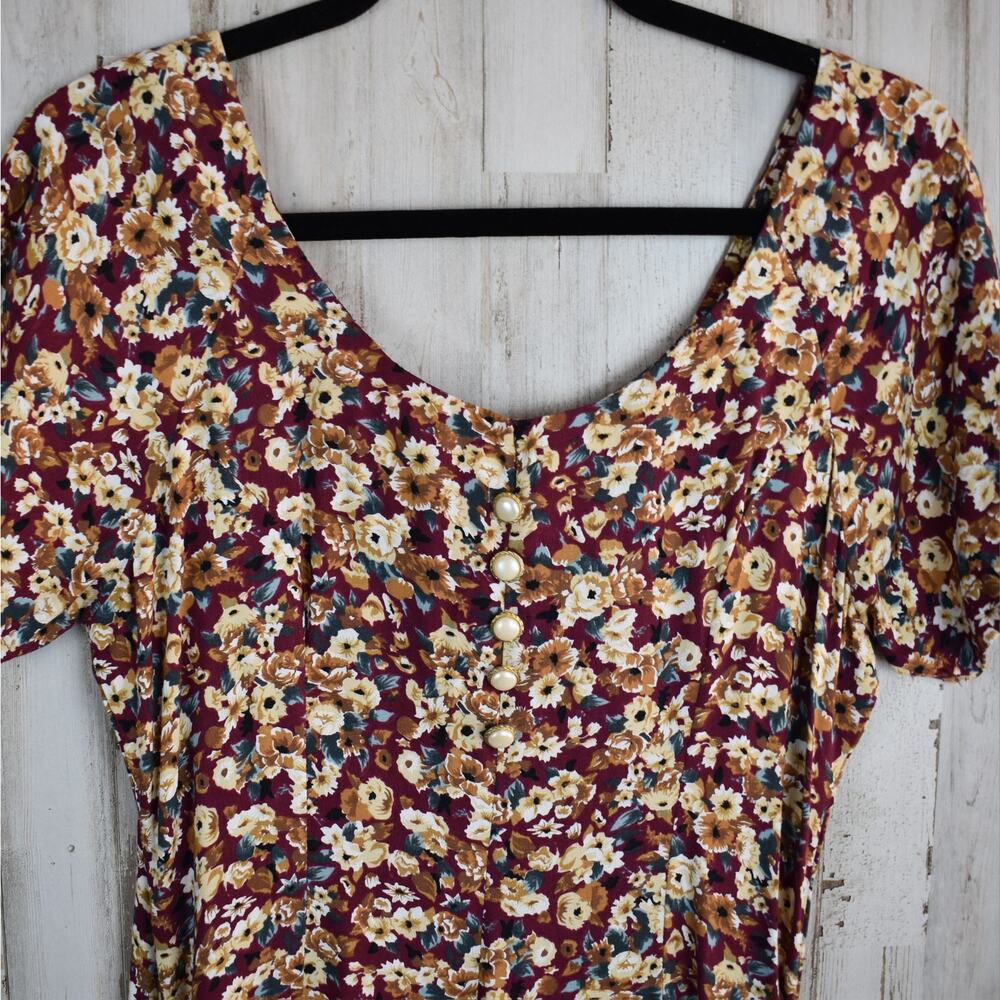 90s Vintage Floral Dress Women's Medium Red Brown Short Sleeve Cottage Grunge M - Picture 3 of 9